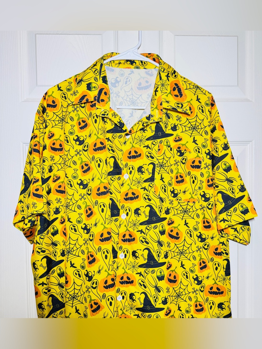 Halloween Men’s Button Up Shirt Pumpkins Ghost Spider Witches Hat Yellow 3XL